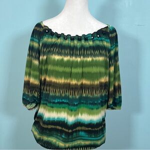 Dressbarn Green Multicolor Striped Casual Blouse W/Jewels on the Collar Size XL